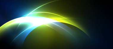 Soyut tasarım kıvrımlar, parlak renkler, ışık kaynağı dinamik görsel efekt yaratır. Düzen eğimleri kompozisyona hakim.