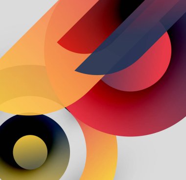 Soyut kompozisyon. Üst üste binen daireler, dikdörtgenler dinamik görsel efekt yaratır. Sıcak, serin tonlar kusursuz bir şekilde harmanlanır. Modern tasarım.