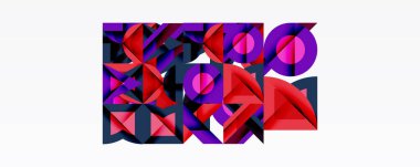 Soyut geometrik şekiller örtüşüyor, canlı mor, kırmızı, donanma bileşimi oluşturuyor. Modern tasarım, kalın renkler, dinamik düzenleme.