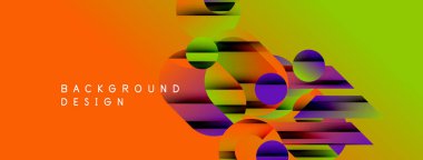Soyut canlı tasarım, üst üste binen daireler, dikdörtgenler. Renkler turuncudan yeşile, mora dönüşüyor. Modern estetik.