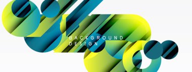 Soyut geometrik şekiller çakışıyor. Canlı yeşil, mavi renkler dinamik kompozisyon yaratır. Arkaplan ve sunumlar için modern tasarım ögesi.