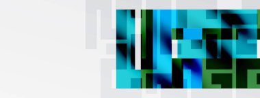 Soyut geometrik şekiller, havalı maviler, yeşiller kompozisyona hakim. Minimalist tasarım koyu arkaplan, beyaz boşluk mevcut.