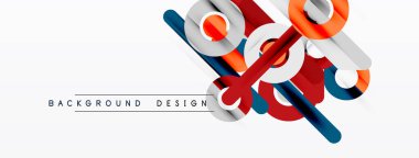 Soyut geometrik şekiller örtüşür, dinamik görsel efekt yaratır. Kırmızı, mavi, turuncu renkler beyaz arkaplana hakim. Modern tasarım ögesi.