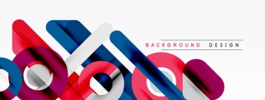 Soyut geometrik şekiller örtüşür, dinamik görsel efekt yaratır. Kırmızı, mavi, beyaz renkler kompozisyona hakim. Modern tasarım ögesi.