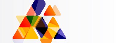 Soyut geometrik şekiller örtüşür, canlı renk kombinasyonları yaratır. Üçgenler kompozisyona hakim, beyaz arkaplana karşı ayarlı.