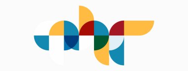 Soyut geometrik şekiller örtüşüyor ve renkli bir tasarım yaratıyor. Çemberler, kareler, eğriler dinamik bileşim oluşturur. Modern, minimalist estetik.