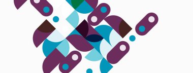 Soyut geometrik şekiller örtüşür, dinamik bileşim yaratır. Mor, deniz mavisi renkleri beyaz arkaplana hükmediyor. Modern tasarım elemanları.