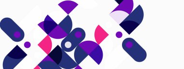 Soyut geometrik şekiller örtüşüyor, canlı mor, pembe, mavi bileşim oluşturuyor. Minimalist tasarım, modern estetik.