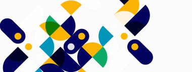 Soyut geometrik şekiller örtüşür, dinamik bileşim yaratır. Renkler arasında mavi, sarı, yeşil, deniz mavisi var. Minimalist tasarım, modern estetik.