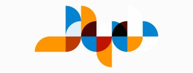 Soyut geometrik şekiller, canlı renkler, modern tasarım. Kompozisyonda üst üste binen daireler, kareler, kıvrımlı çizgiler var. Minimalist estetik.