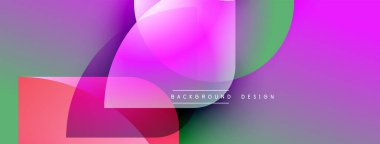 Soyut geometrik şekiller örtüşüyor, canlı renk eğimleri yaratıyor. Mor, pembe, yeşil, kırmızı renkler tasarımda baskın. Modern estetik.