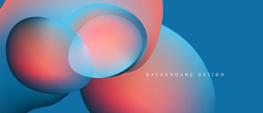 Soyut şekiller örtüşüyor, canlı renk değişimleri yaratıyor. Mavi, turuncu renkler kompozisyona hakim. Modern tasarım ögesi.