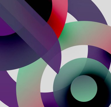 Soyut kompozisyon. Üst üste binen daireler dinamik görsel efekt yaratır. Renkler karışıyor, değişkenler oluşuyor, şekiller etkileşime giriyor. Modern tasarım.