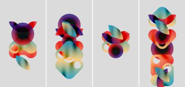 Soyut renkli şekiller örtüşür, dinamik kompozisyonlar oluşturur. Yumuşak eğimler renkleri karıştırır, sıvı formlar oluşturur. Minimalist arka plan canlı görselleri geliştirir.