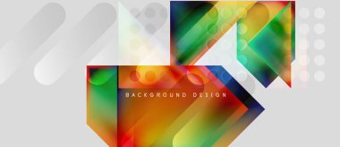 Soyut geometrik şekiller, canlı renkler, modern tasarım. Gradyan örtüler dinamik görsel efekt yaratır. Arkaplan özellikleri ince daireler, çizgiler.