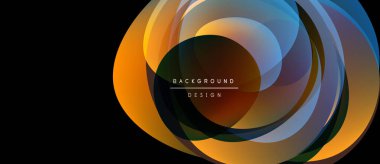 Soyut renkli katmanlar dinamik dairesel tasarım yaratır. Modern estetik, canlı renkler, siyah arkaplan. Basit metin örtüsü mevcut.