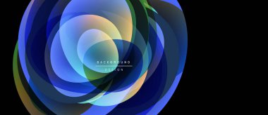 Soyut katmanlar dinamik görsel efekt yaratır. Mavi, yeşil, sarı renkler harmanlanarak dairesel şekiller oluşturuyor. Arka planlar için modern tasarım ögesi.