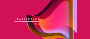 Soyut geometrik şekiller örtüşüyor, canlı renk eğimleri yaratıyor. Pembe arka plan dinamik tasarım elementlerini vurgular. Modern estetik.