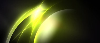 Soyut tasarım parlak sarı kıvrımlara, koyu arkaplana karşı çizgilere sahiptir. Işık merkezi noktadan yayılarak dinamik etki yaratır..