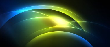 Parlak soyut eğriler merkezi noktadan yayılır. Renkler mavi, yeşil, sarı dinamik görsel efekt yaratır. Düzen eğimleri kompozisyona hakim.