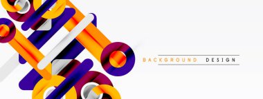 Soyut geometrik şekiller örtüşür, dinamik görsel efekt yaratır. Parlak renkler beyaz alana hakim. Modern tasarım ögesi.