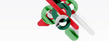 Soyut geometrik şekiller örtüşür, dinamik bileşim yaratır. Kırmızı, yeşil, beyaz elementler modern estetik sunar. Minimalist tasarım.