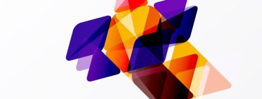 Soyut geometrik şekiller örtüşür, canlı renk karışımları yaratır. Turuncu, mor renkler kompozisyona hakim. Modern tasarım ögesi.