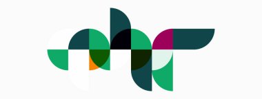 Soyut geometrik şekiller örtüşür, dinamik bileşim yaratır. Yeşiller, deniz mavisi, mor nötr arka plana hakim olur. Modern tasarım.