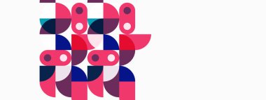 Soyut geometrik şekiller, pembeler, maviler, morlar kompozisyona hakim. Minimalist tasarım, temiz çizgiler, modern estetik..