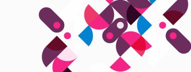 Soyut geometrik şekiller örtüşür ve canlı bir bileşim yaratır. Pembe, mor, mavi renkler beyaz arkaplana hakim. Modern tasarım ögesi.