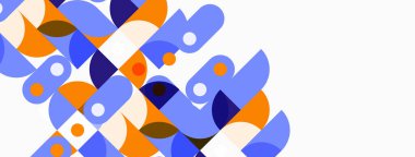 Soyut geometrik şekiller örtüşür, dinamik bileşim yaratır. Mavi, turuncu, bej renkler tasarımda baskın. Modern estetik.