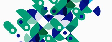 Soyut geometrik desen. Çemberler, kareler örtüşüyor ve canlı görsel doku oluşturuyor. Mavi, yeşil renkler kompozisyona hakim. Modern tasarım ögesi.