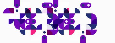 Soyut geometrik şekiller, mor renkler, beyaz arkaplan. Modern tasarım, oyuncu kompozisyon, dairesel elementler resme hakim..