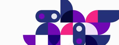 Soyut geometrik şekiller örtüşüyor, canlı mor, pembe, mavi bileşim oluşturuyor. Dairesel elementlere sahip minimalist tasarım sahneye hakim.