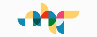 Soyut geometrik şekiller örtüşüyor ve renkli bir tasarım yaratıyor. Daireler, kıvrımlar, canlı renkler kompozisyona hakim. Modern, eğlenceli estetik..