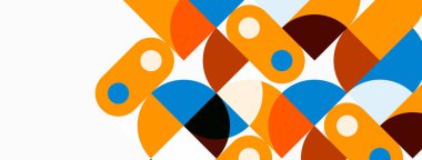 Soyut geometrik desen. Üst üste binen daireler, dikdörtgenler canlı dokular oluşturur. Turuncu, mavi, kahverengi baskın kompozisyon. Minimalist tasarım.