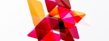 Soyut geometrik şekiller örtüşür, canlı renk bileşimi yaratır. Kırmızılar, pembeler, portakallar beyaz arkaplana hükmediyor. Modern tasarım ögesi.