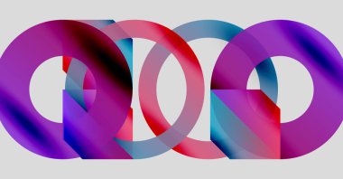 Soyut tasarım özellikleri üst üste binen renkli halkalar. Gradyan gölgeler dinamik görsel efekt yaratır. Modern, minimalist kompozisyon.