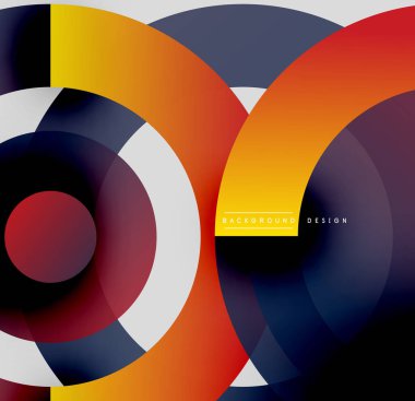 Soyut daireler örtüşüyor, canlı renk eğimleri yaratıyor. Modern tasarım cesur şekiller, dinamik bileşimler kullanır.