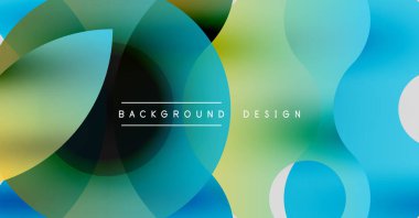 Soyut arkaplan özellikleri üst üste binen daireler, canlı maviler, yeşiller, sarılar. Modern tasarım dinamik görsel efekt yaratır.