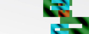 Soyut gradyanlar görüntüye hakim. Yeşil, deniz mavisi, turuncu renk karışımı. Dikdörtgen şekiller dijital elementleri işaret ediyor, muhtemelen arayüz bileşenleri. Minimalist tasarım.