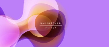 Soyut sıvı şekilleri örtüşür ve yumuşak eğimler yaratır. Mor, turuncu, pembe renkler tasarımda baskın. Minimalist metin mevcut.