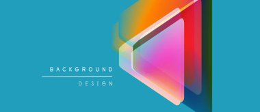 Soyut geometrik şekiller örtüşüyor, canlı renk eğimleri yaratıyor. Mavi arka plan tasarım elementlerini vurgular. Modern, temiz estetik.