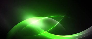 Abstract green lines create flowing shapes. Bright light emanates from center, contrasting dark background. Modern design.