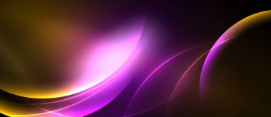 Soyut tasarım dalgalı kıvrımlar, canlı renkler içerir. Altın, mor renkler koyu arkaplan ile harmanlanır. Yumuşak gradyanlar dinamik görsel efekt yaratır.