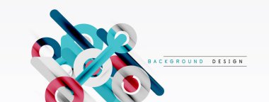 Soyut geometrik şekiller örtüşür, dinamik bileşim yaratır. Mavi, kırmızı, gümüş tonlar beyaz alana hakim. Modern tasarım ögesi.