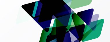 Soyut şekiller örtüşür, dinamik bileşim yaratır. Yeşiller, maviler beyaz arkaplana hükmediyor. Modern tasarım, temiz estetik.