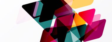 Soyut geometrik şekiller örtüşür, canlı renk karışımları yaratır. Kompozisyon üçgenler, dikdörtgenler, şeffaflık, modern tasarım elementleri içerir.