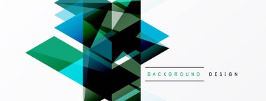 Soyut geometrik şekiller örtüşür, dinamik görsel efekt yaratır. Mavi, yeşil renkler beyaz uzayda dizaynın baskın renkleri. Modern estetik.