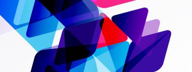 Soyut geometrik şekiller çakışıyor. Mavi, mor, kırmızı renkler beyaz arkaplana hakim. Modern tasarım, canlı renkler dinamik kompozisyon oluşturur.